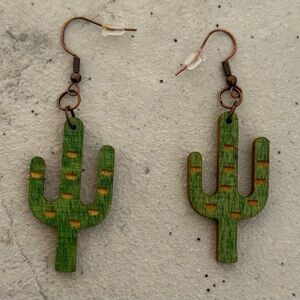 Cactus Shaped Green and Natural Wood Earrings Classic Advents An Idaho Creation